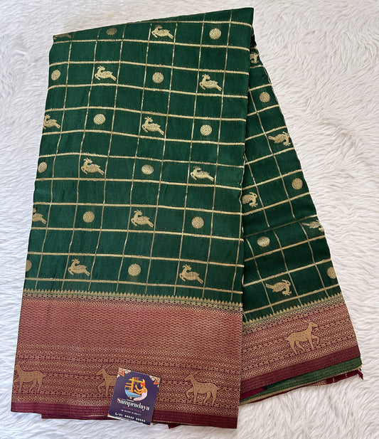 Banarasi Fancy Saree Bottle Green Colored Complemented with a Magenta Zari Border. - Sampradaya Designer Studio