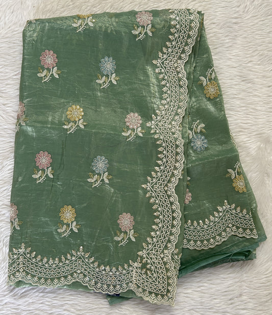 Inox Silk Saree Green Colored Complemented with a Hand Embroidery Border. - Sampradaya Designer Studio