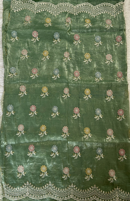 Inox Silk Saree Green Colored Complemented with a Hand Embroidery Border. - Sampradaya Designer Studio