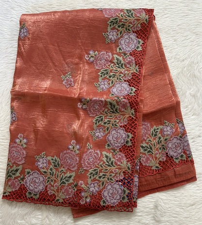 Inox Silk Saree Rusty Orange Colored Complemented with a Cutwork Border. - Sampradaya Designer Studio