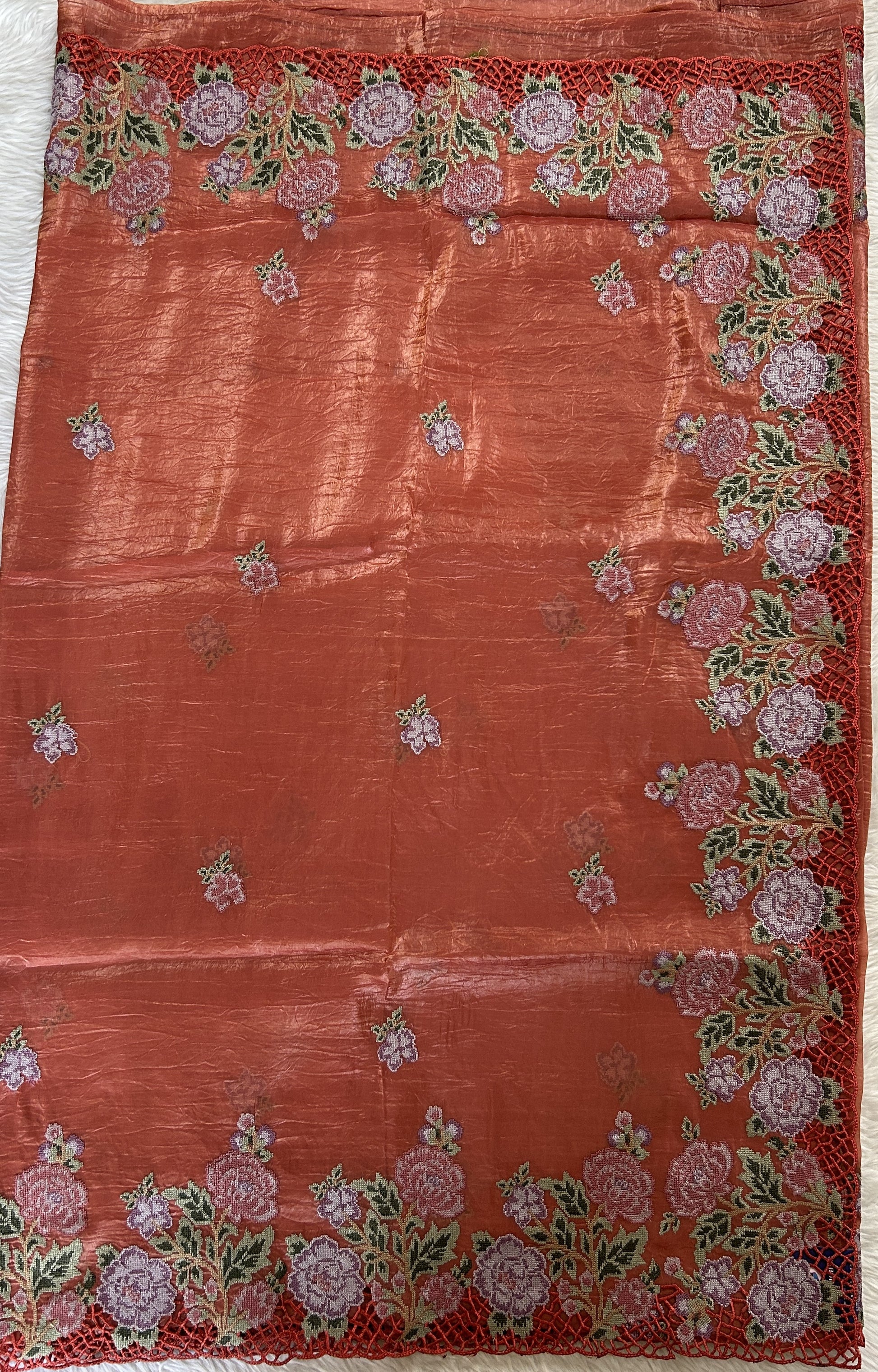 Inox Silk Saree Rusty Orange Colored Complemented with a Cutwork Border. - Sampradaya Designer Studio