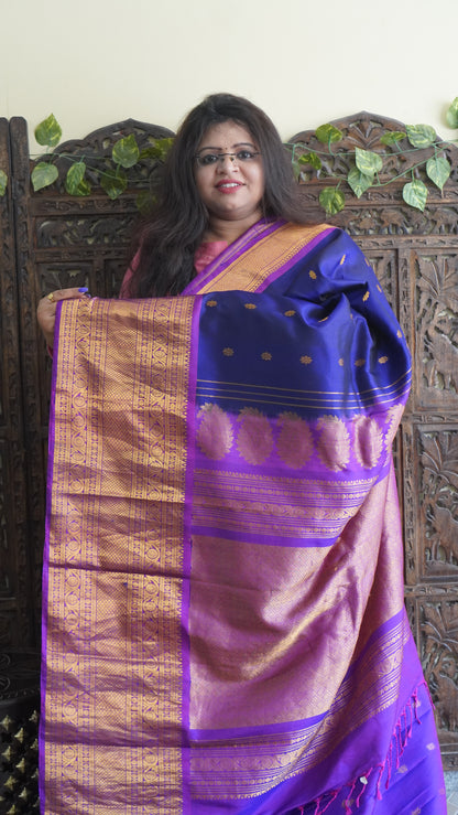 Gadwal Silk Saree Ink Blue Colored Complemented With a Zari Border