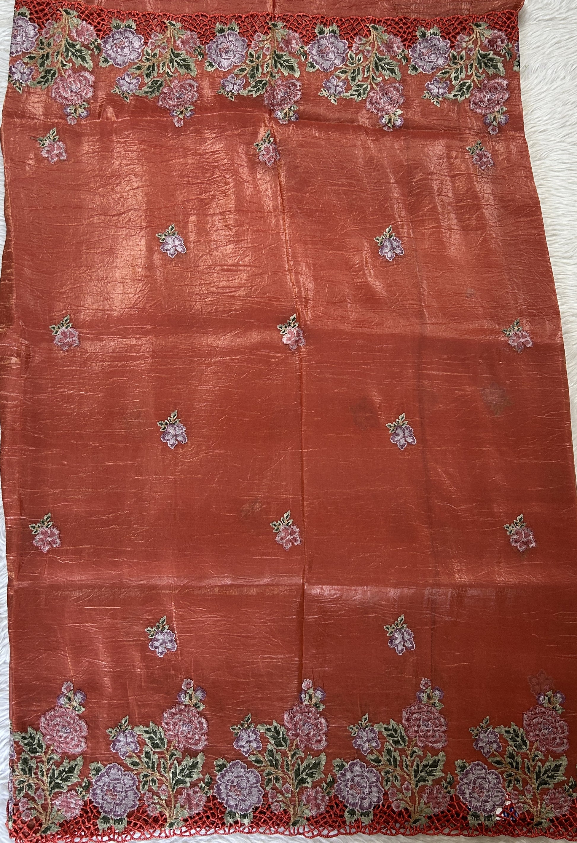 Inox Silk Saree Rusty Orange Colored Complemented with a Cutwork Border. - Sampradaya Designer Studio