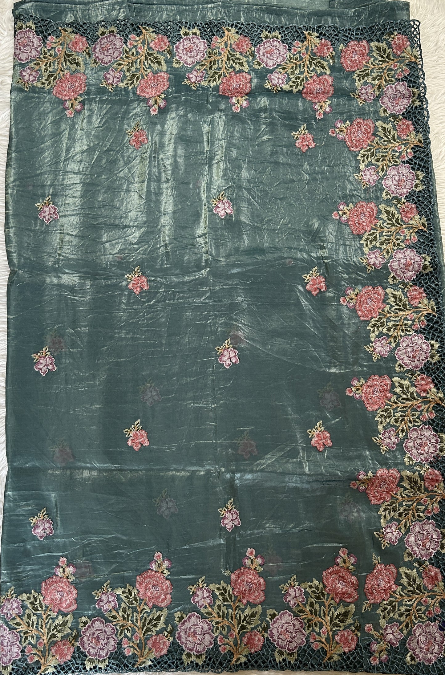 Inox Silk Saree Sea Blue Colored Complemented with a Cutwork Border. - Sampradaya Designer Studio