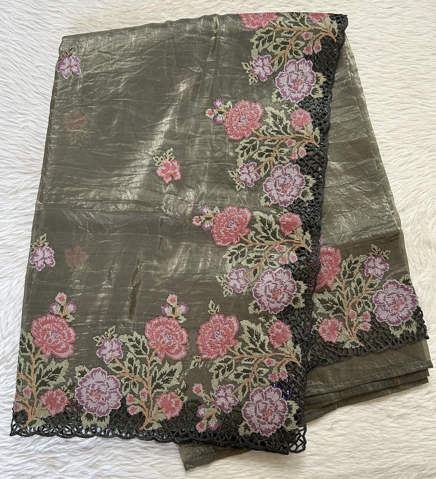 Inox Silk Saree Olive Green Colored Complemented with a Cutwork Border. - Sampradaya Designer Studio