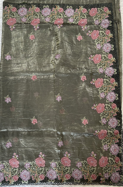 Inox Silk Saree Olive Green Colored Complemented with a Cutwork Border. - Sampradaya Designer Studio