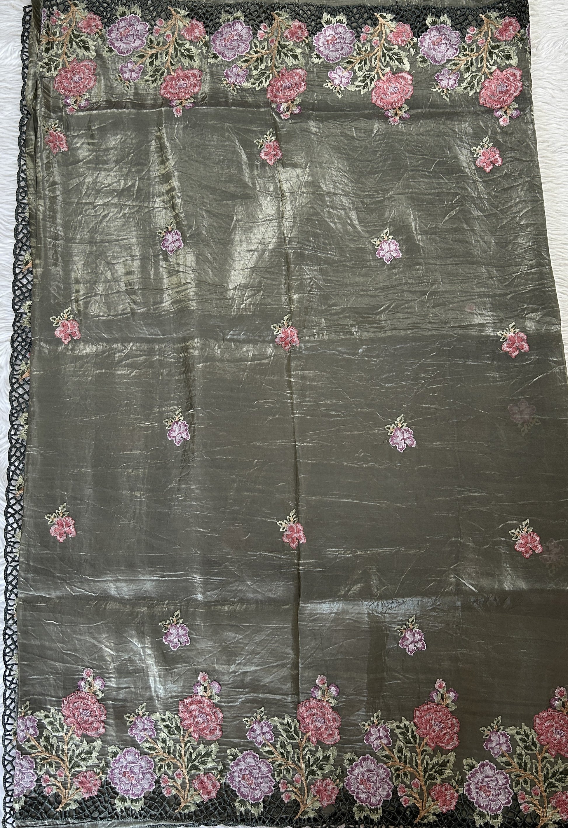 Inox Silk Saree Olive Green Colored Complemented with a Cutwork Border. - Sampradaya Designer Studio