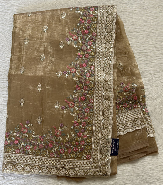 Inox Silk Saree Beige Colored Complemented with a Thread Embroidery Border. - Sampradaya Designer Studio