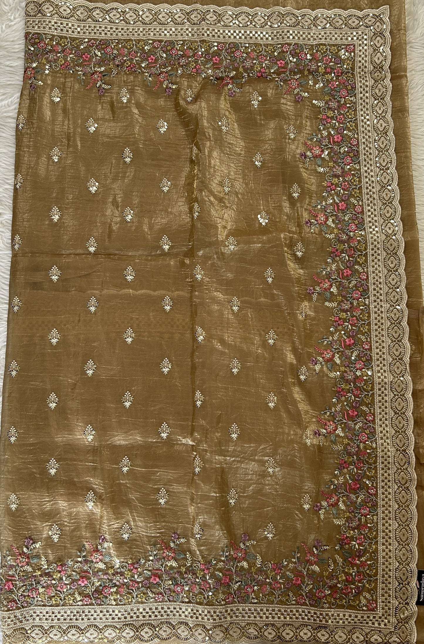 Inox Silk Saree Beige Colored Complemented with a Thread Embroidery Border. - Sampradaya Designer Studio