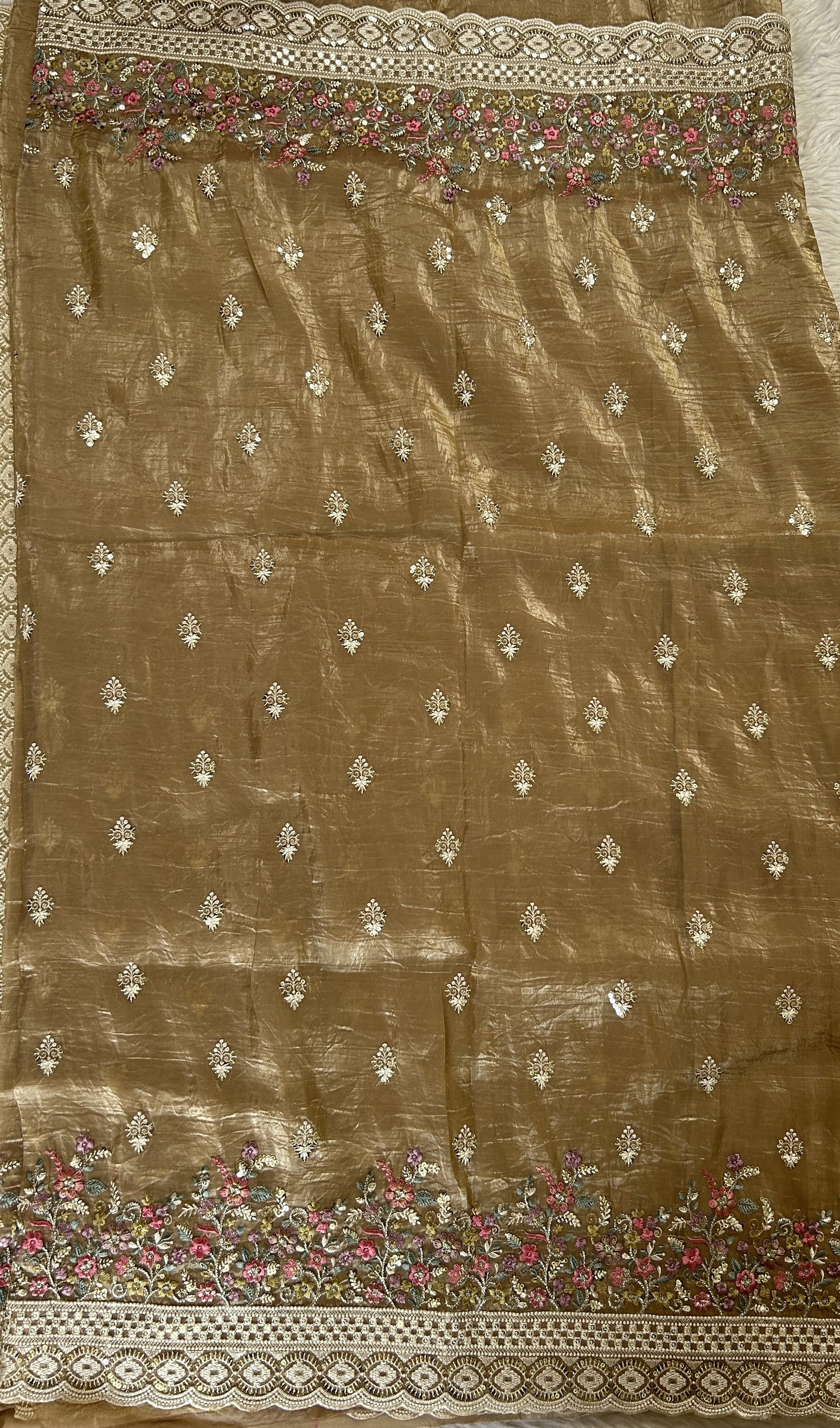 Inox Silk Saree Beige Colored Complemented with a Thread Embroidery Border. - Sampradaya Designer Studio