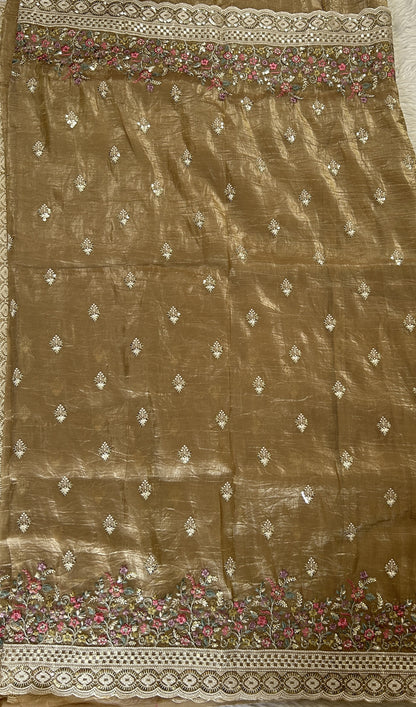 Inox Silk Saree Beige Colored Complemented with a Thread Embroidery Border. - Sampradaya Designer Studio