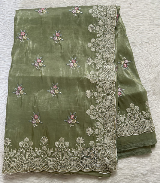 Inox Silk Saree Green Colored Complemented with a Thread Embroidery Border. - Sampradaya Designer Studio