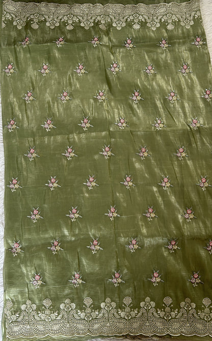 Inox Silk Saree Green Colored Complemented with a Thread Embroidery Border. - Sampradaya Designer Studio