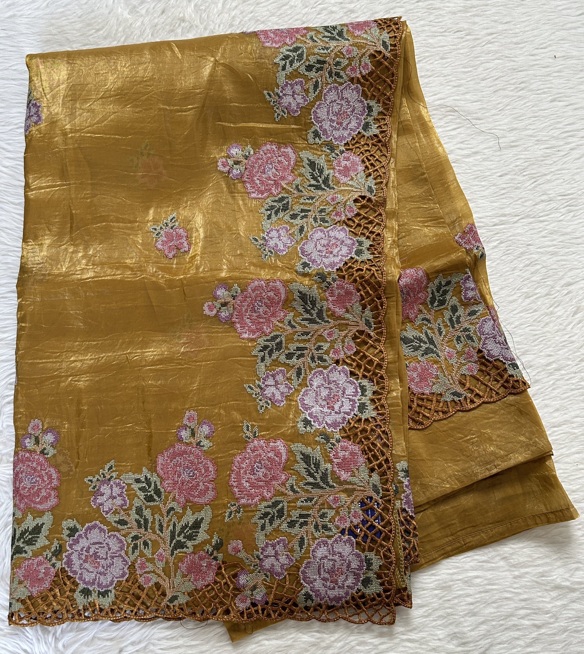 Inox Silk Saree Mustard Yellow Colored Complemented with a Cutwork Border. - Sampradaya Designer Studio