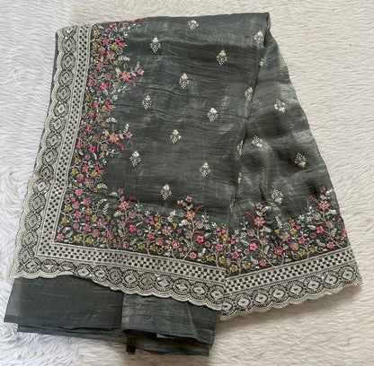 Inox Silk Saree Gray Colored Complemented with a Thread Embroidery Border. - Sampradaya Designer Studio