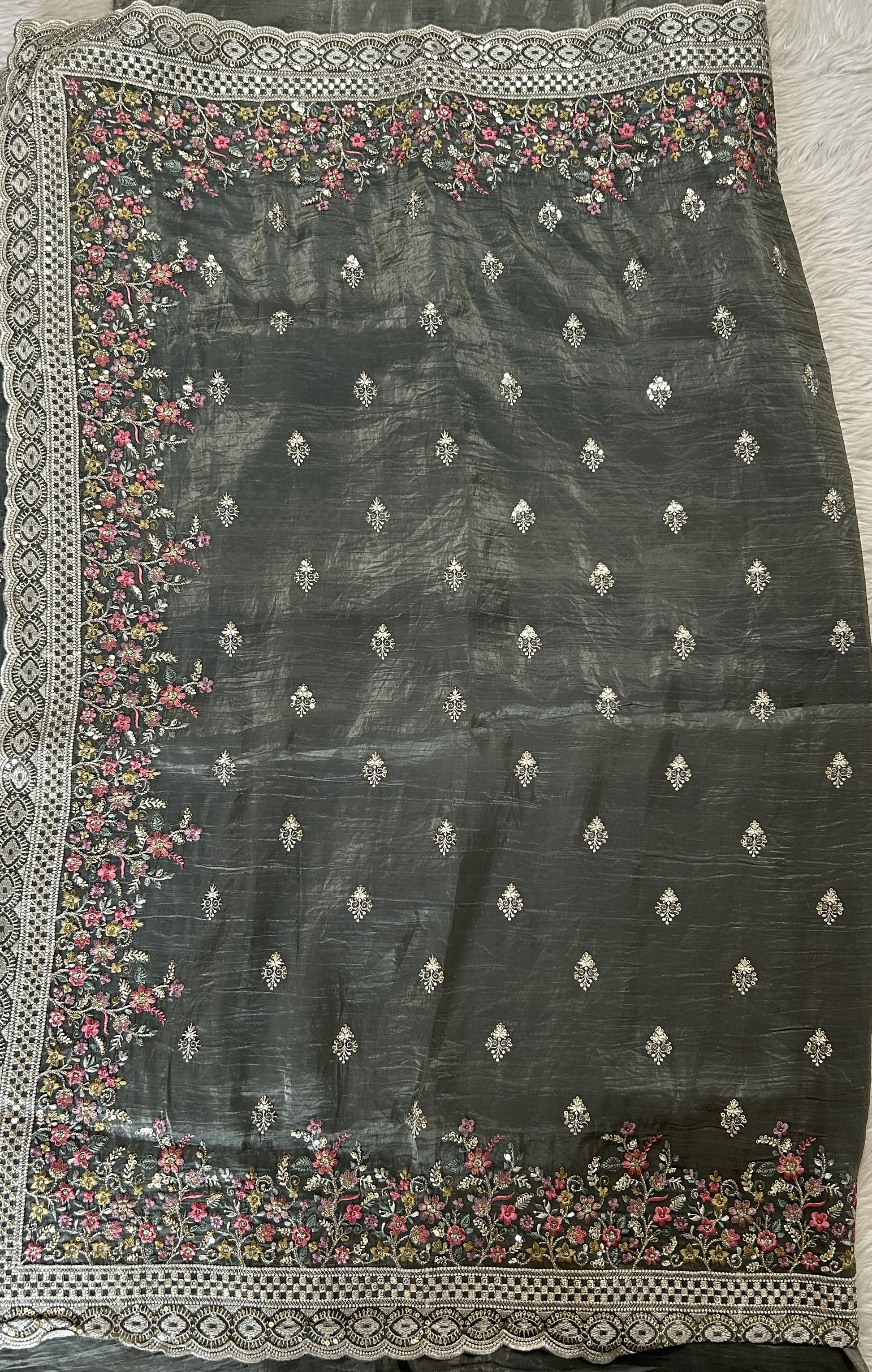 Inox Silk Saree Gray Colored Complemented with a Thread Embroidery Border. - Sampradaya Designer Studio