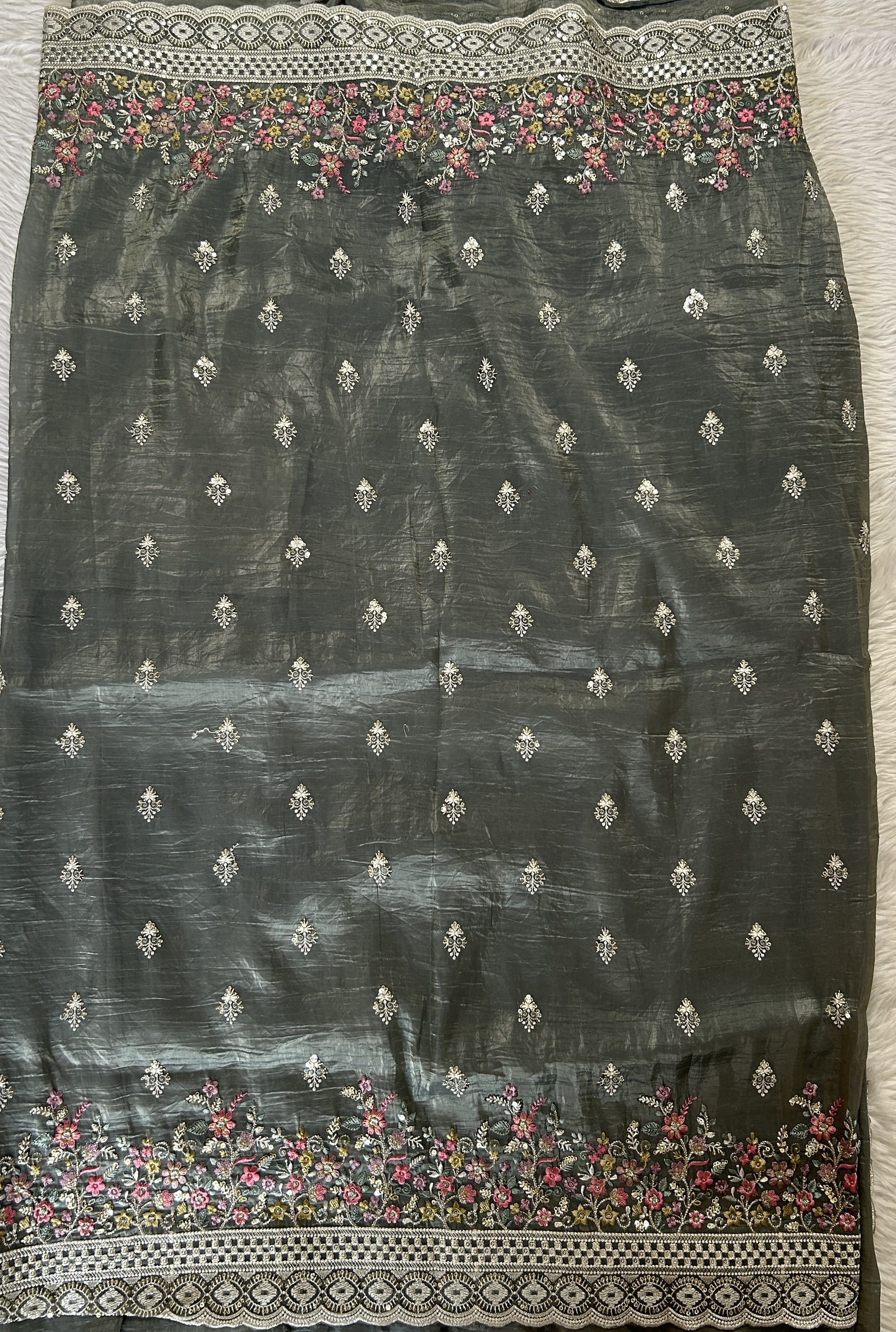 Inox Silk Saree Gray Colored Complemented with a Thread Embroidery Border. - Sampradaya Designer Studio