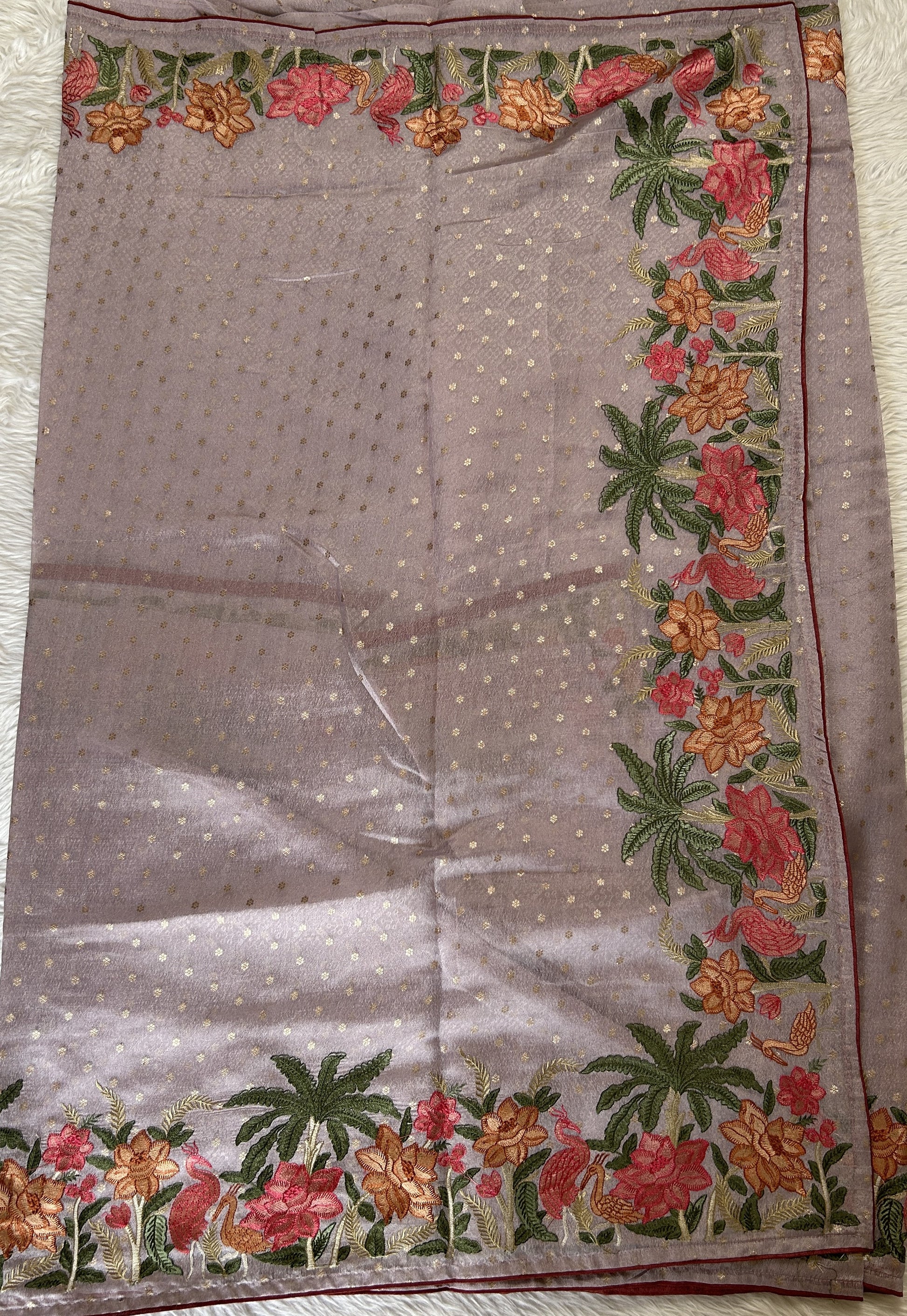 Tissue Georgette Designer Saree Lavender colored complemented with a Thread Embroidery border. - Sampradaya Designer Studio