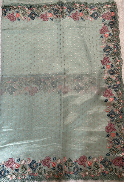 Tissue Georgette Designer Saree Sea Blue colored complemented with a Cutwork border - Sampradaya Designer Studio