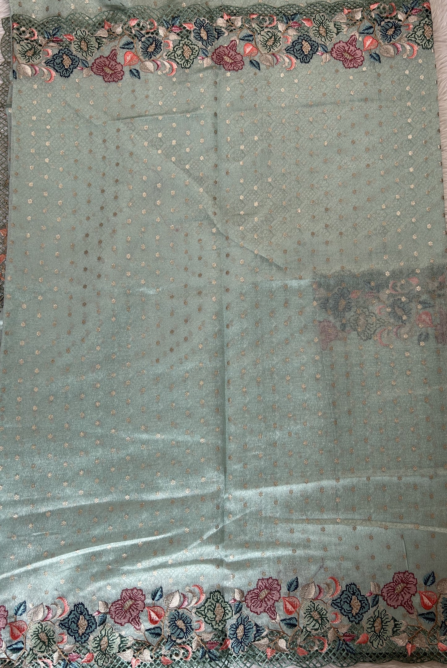 Tissue Georgette Designer Saree Sea Blue colored complemented with a Cutwork border - Sampradaya Designer Studio