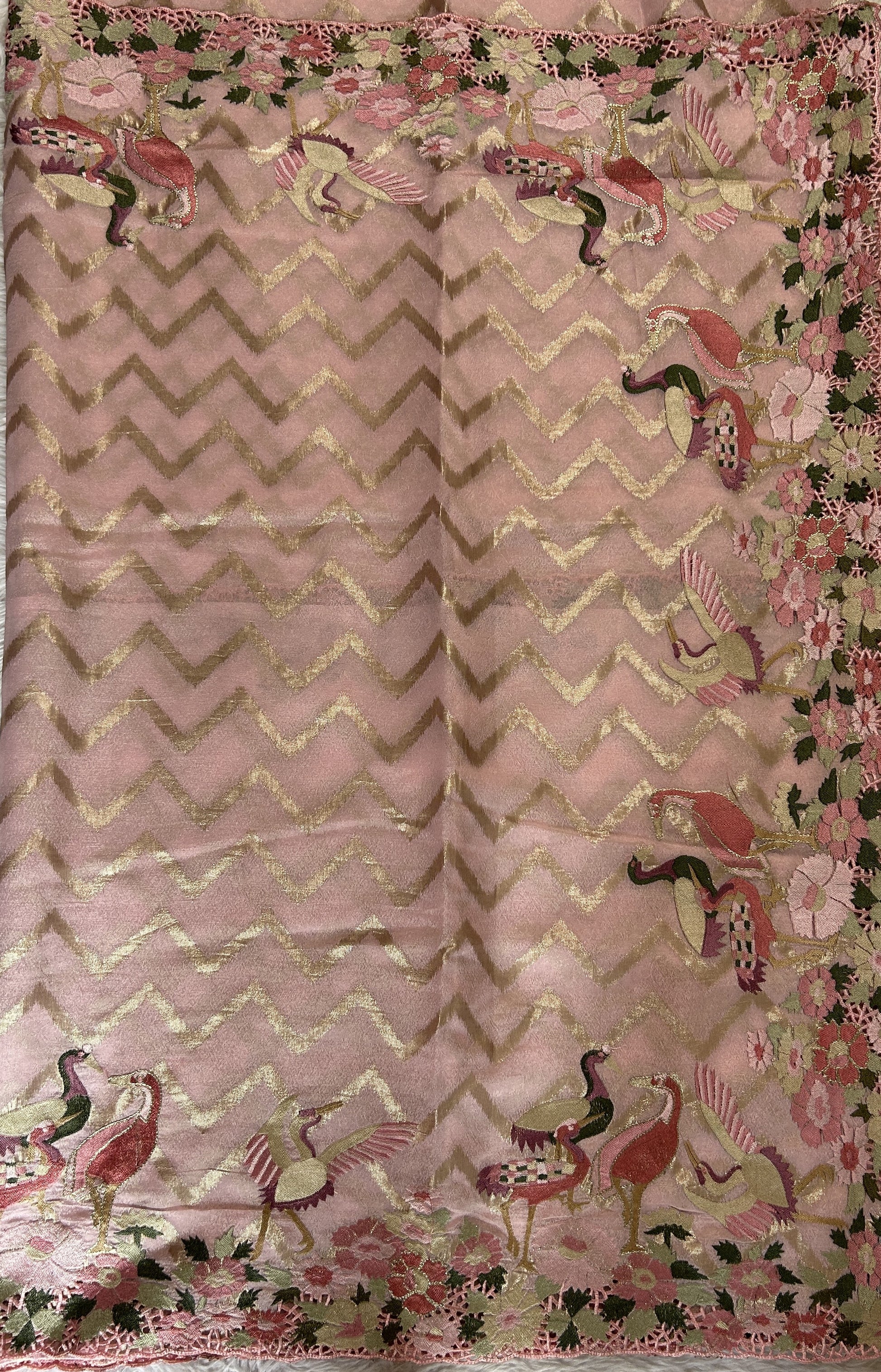 Tissue Georgette Designer Saree Light Pink colored complemented with a Cutwork border. - Sampradaya Designer Studio