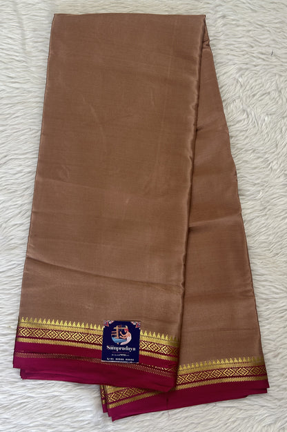 Mysore Crepe Silk Saree Beige Colored Complemented with a Pink Zari Border. - Sampradaya Designer Studio