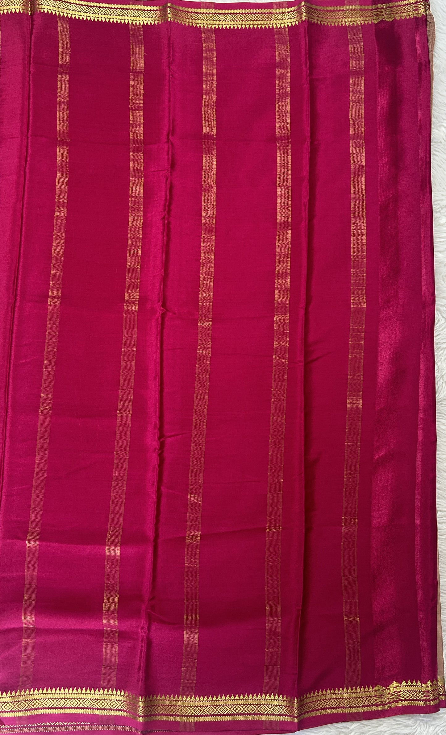 Mysore Crepe Silk Saree Beige Colored Complemented with a Pink Zari Border. - Sampradaya Designer Studio