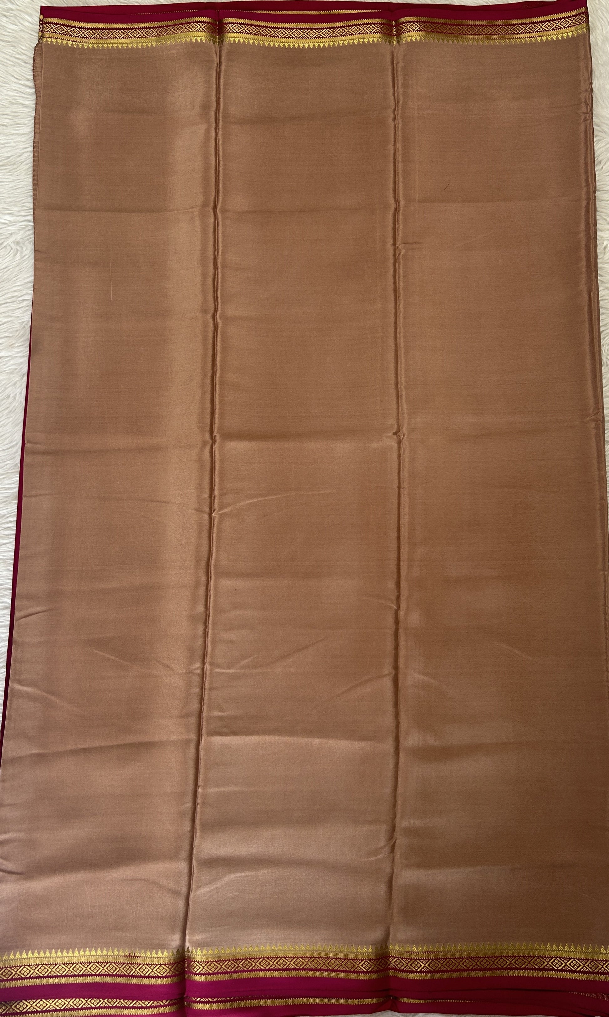 Mysore Crepe Silk Saree Beige Colored Complemented with a Pink Zari Border. - Sampradaya Designer Studio