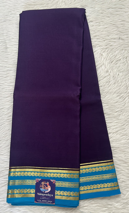 Mysore Crepe Silk Saree Purple Colored Complemented with a Blue Zari Border. - Sampradaya Designer Studio