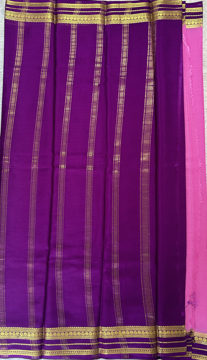 Mysore Crepe Silk Saree Pink Colored Complemented with a Purple Zari Border. - Sampradaya Designer Studio