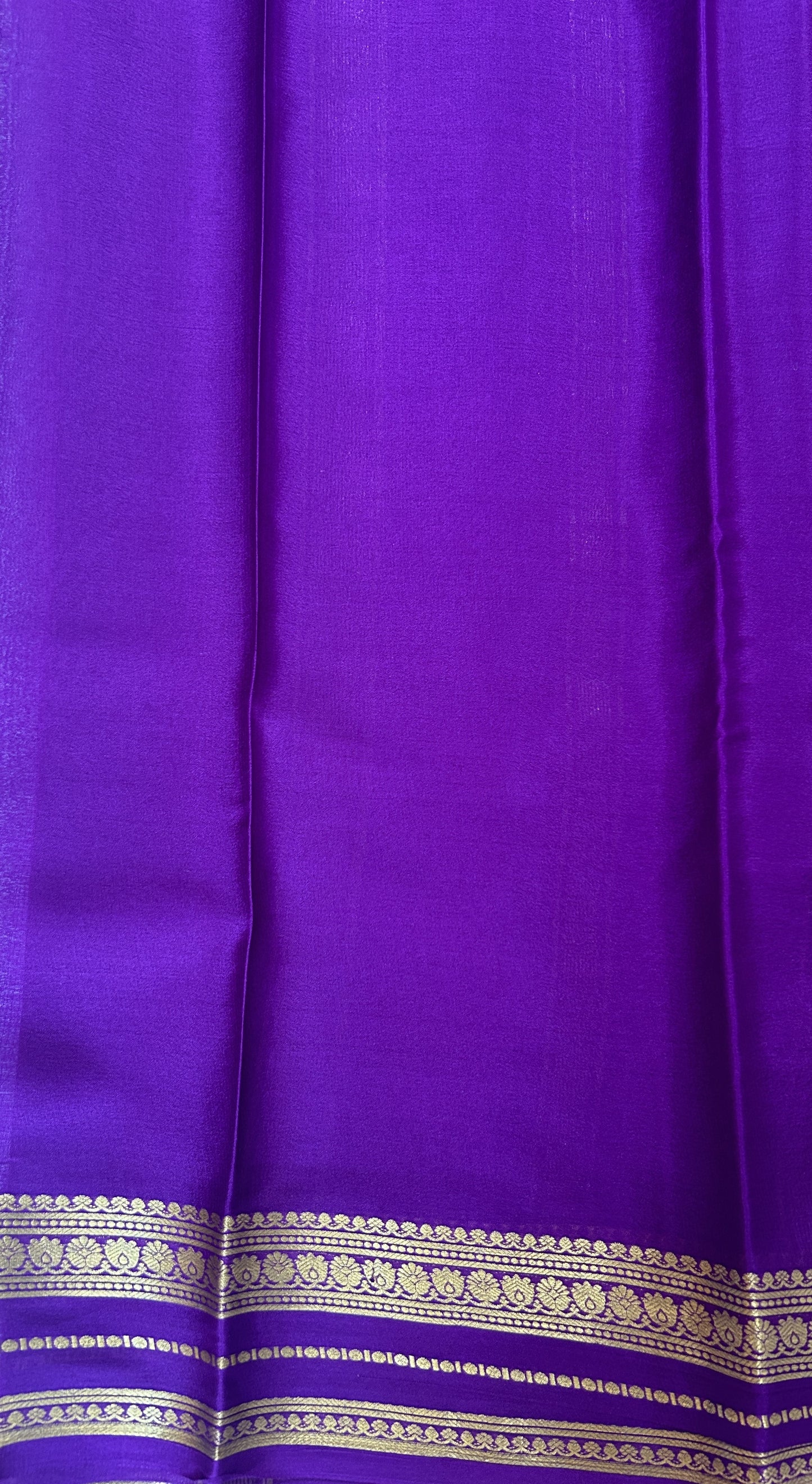 Mysore Crepe Silk Saree Pink Colored Complemented with a Purple Zari Border. - Sampradaya Designer Studio