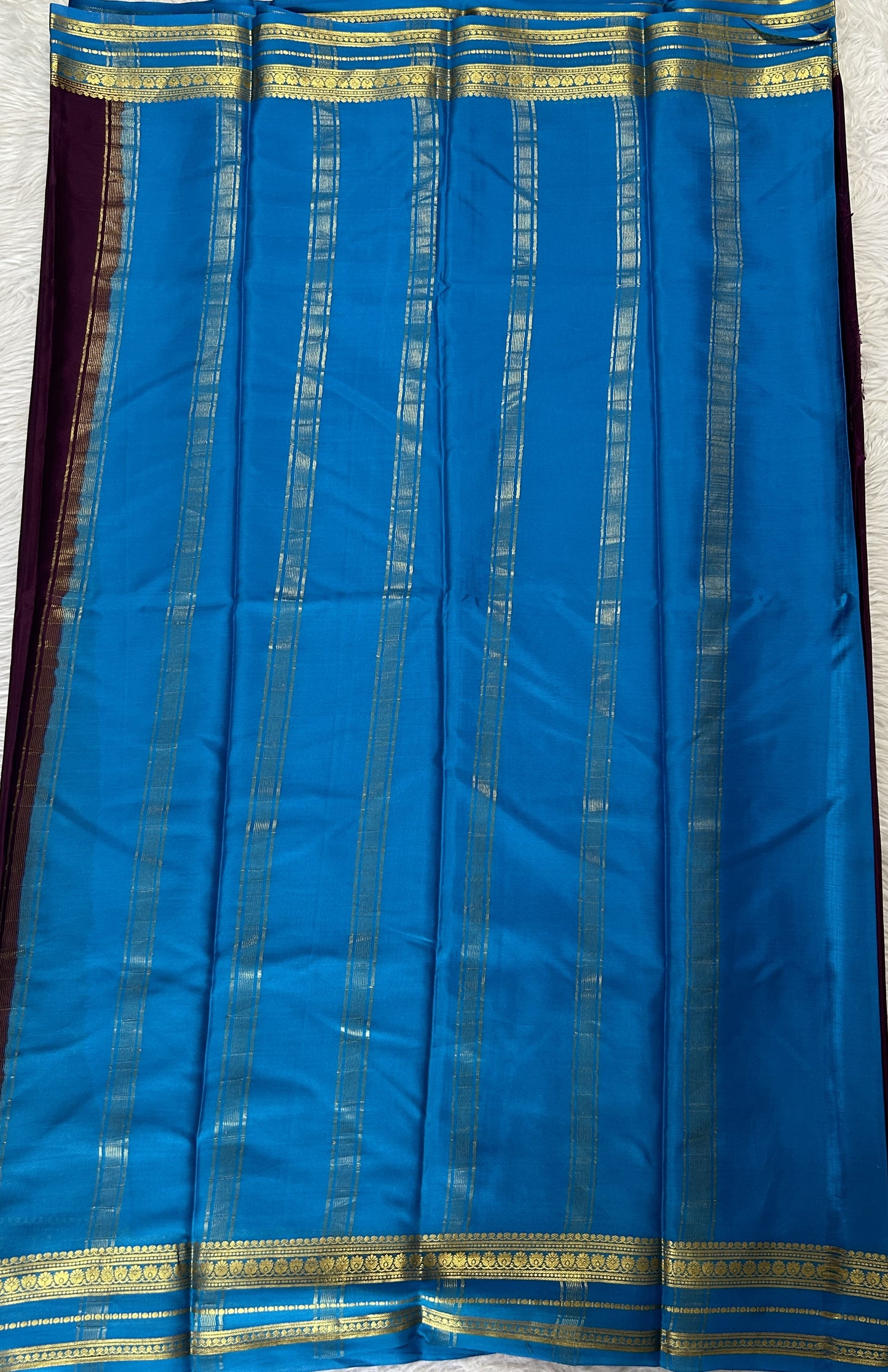 Mysore Crepe Silk Saree Purple Colored Complemented with a Blue Zari Border. - Sampradaya Designer Studio