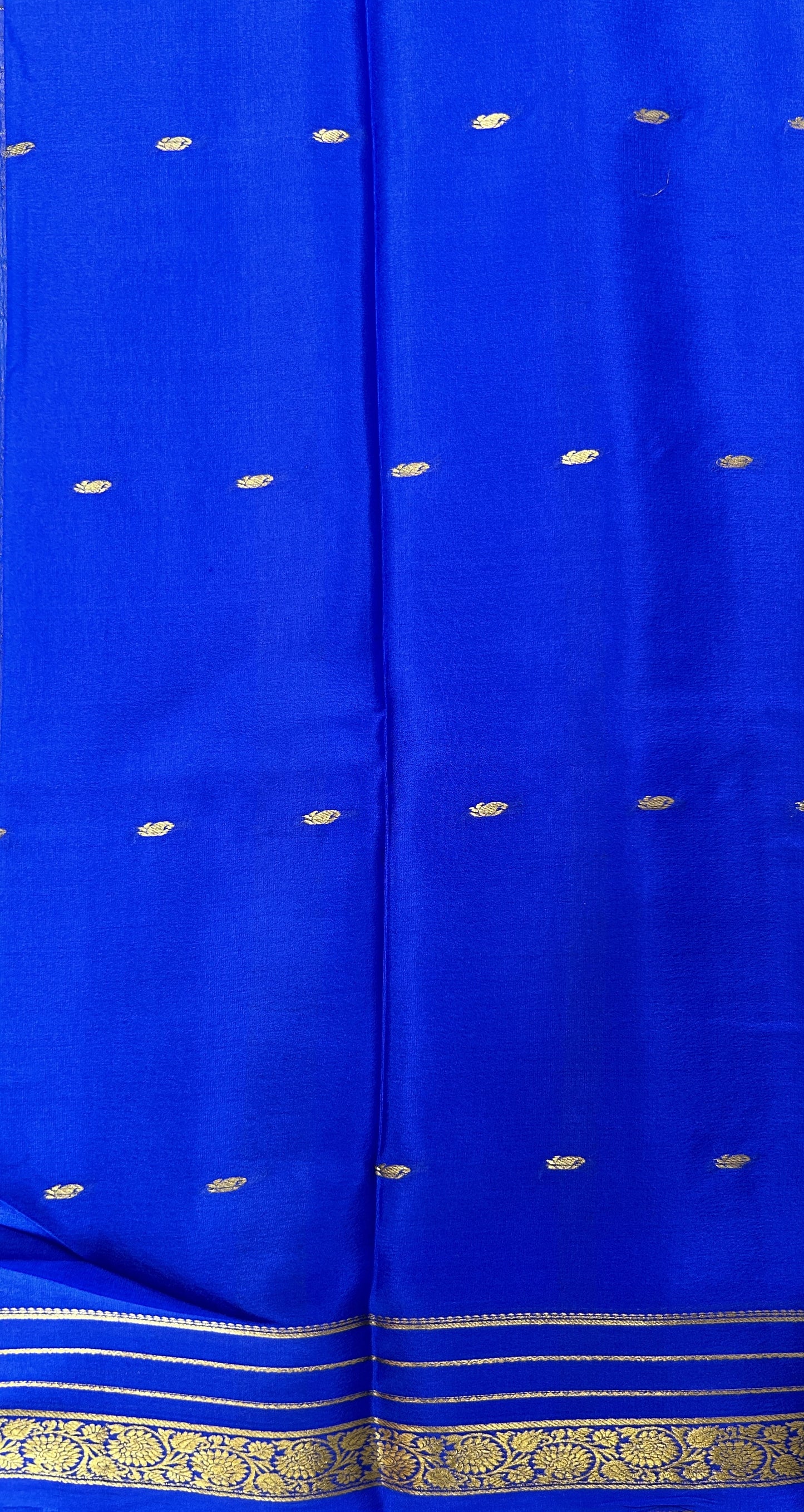 Mysore Crepe Silk Saree Sea Blue Colored Complemented with a Blue Zari Border. - Sampradaya Designer Studio