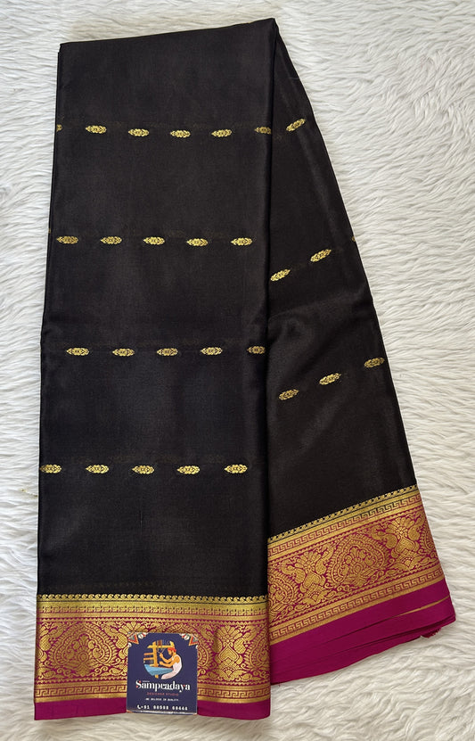 Mysore Crepe Silk Saree Black Colored Complemented with a Pink Zari Border. - Sampradaya Designer Studio