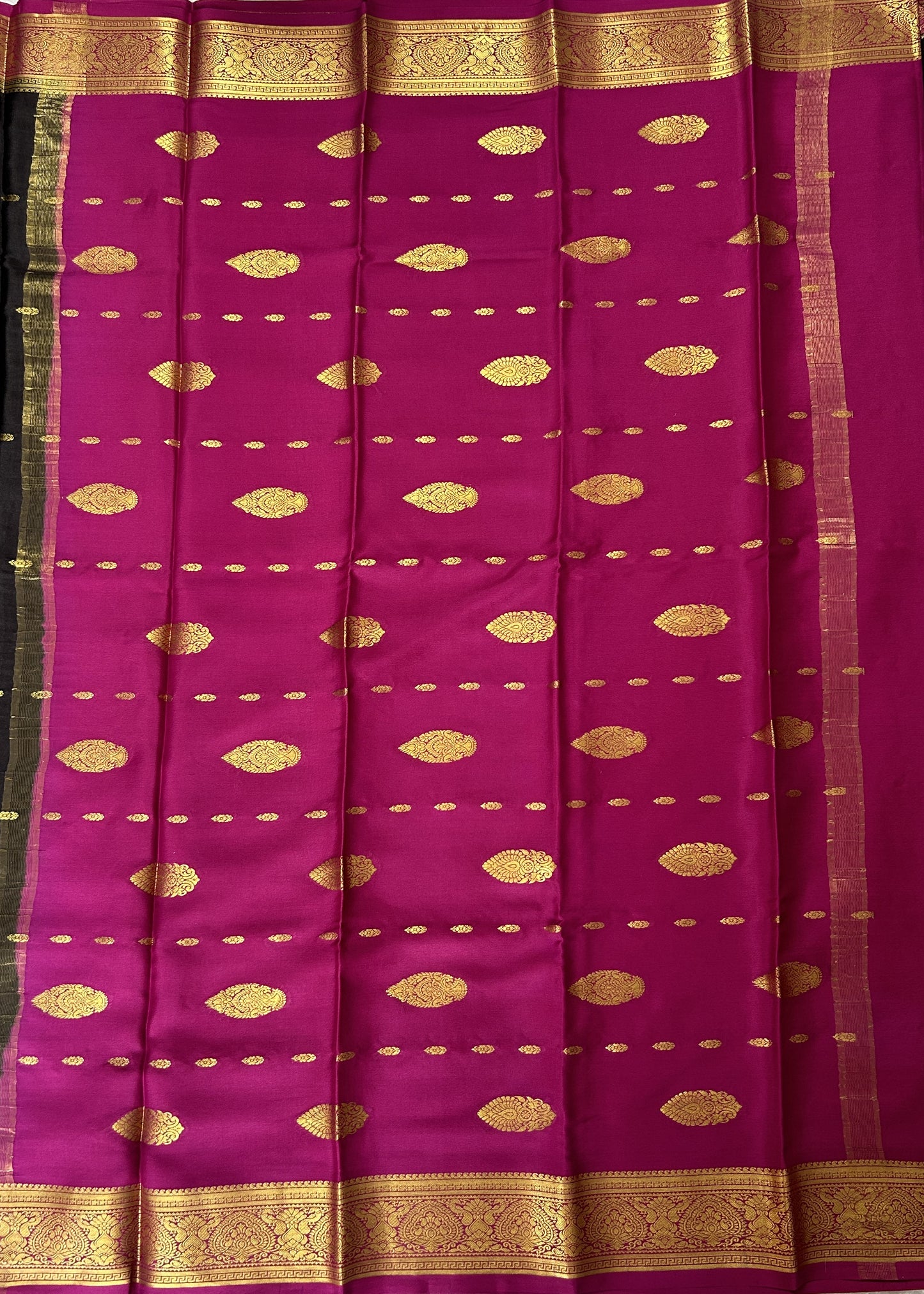 Mysore Crepe Silk Saree Black Colored Complemented with a Pink Zari Border. - Sampradaya Designer Studio