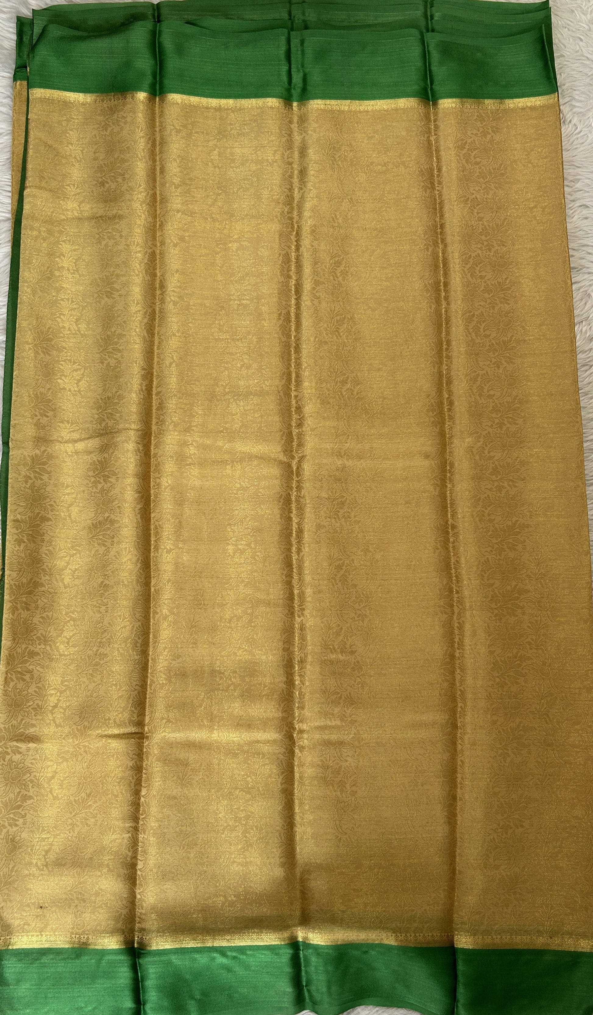 Mysore Crepe Silk Saree Cream Colored Complemented with a Green Zari Border. - Sampradaya Designer Studio