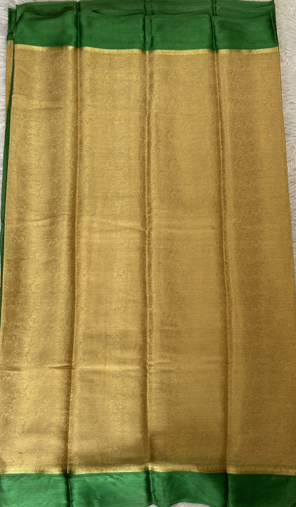 Mysore Crepe Silk Saree Cream Colored Complemented with a Green Zari Border. - Sampradaya Designer Studio