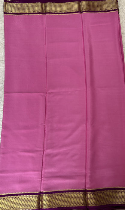 Mysore Crepe Silk Saree Light Pink Colored Complemented with a Purple Zari Border. - Sampradaya Designer Studio