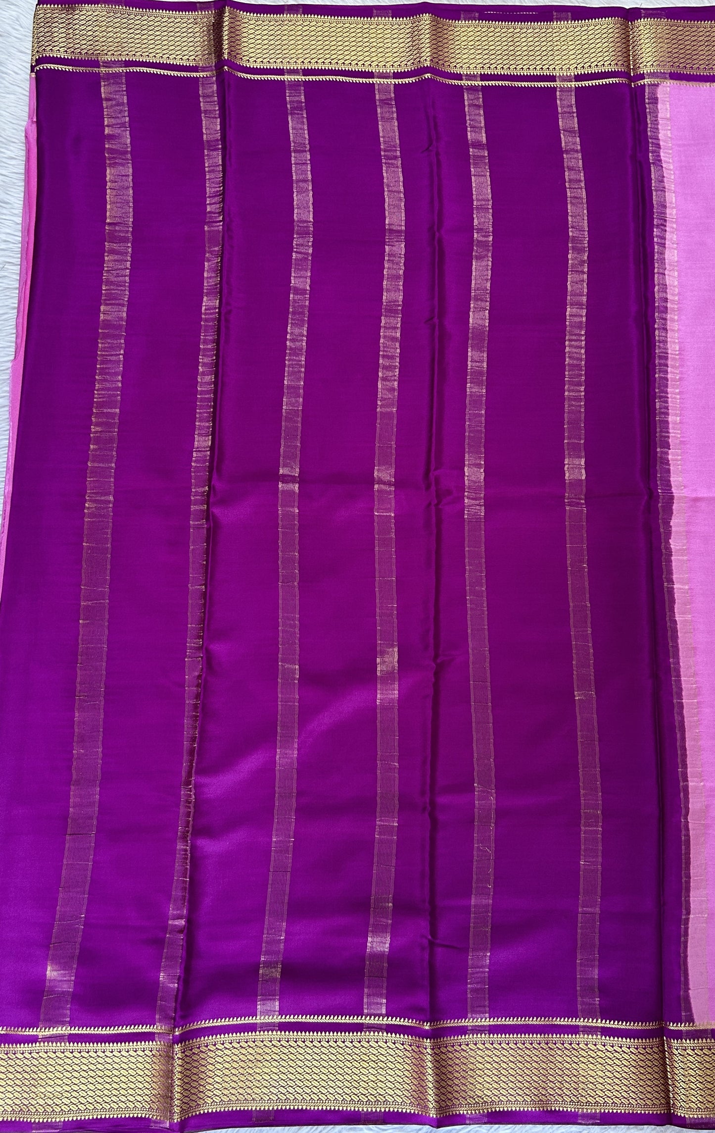 Mysore Crepe Silk Saree Light Pink Colored Complemented with a Purple Zari Border. - Sampradaya Designer Studio