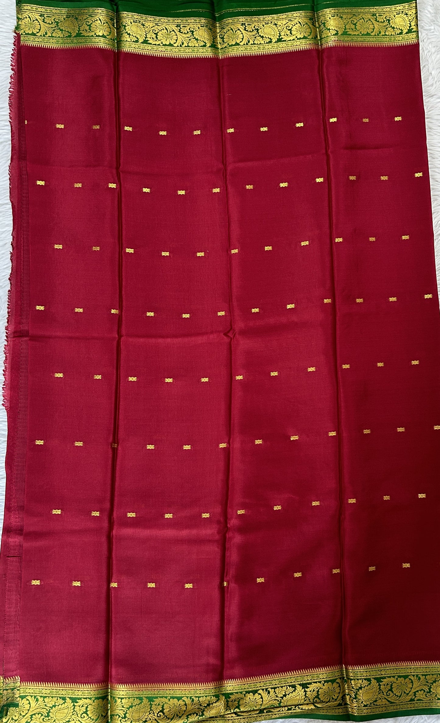 Mysore Crepe Silk Saree Maroon Colored Complemented with a Green Zari Border. - Sampradaya Designer Studio