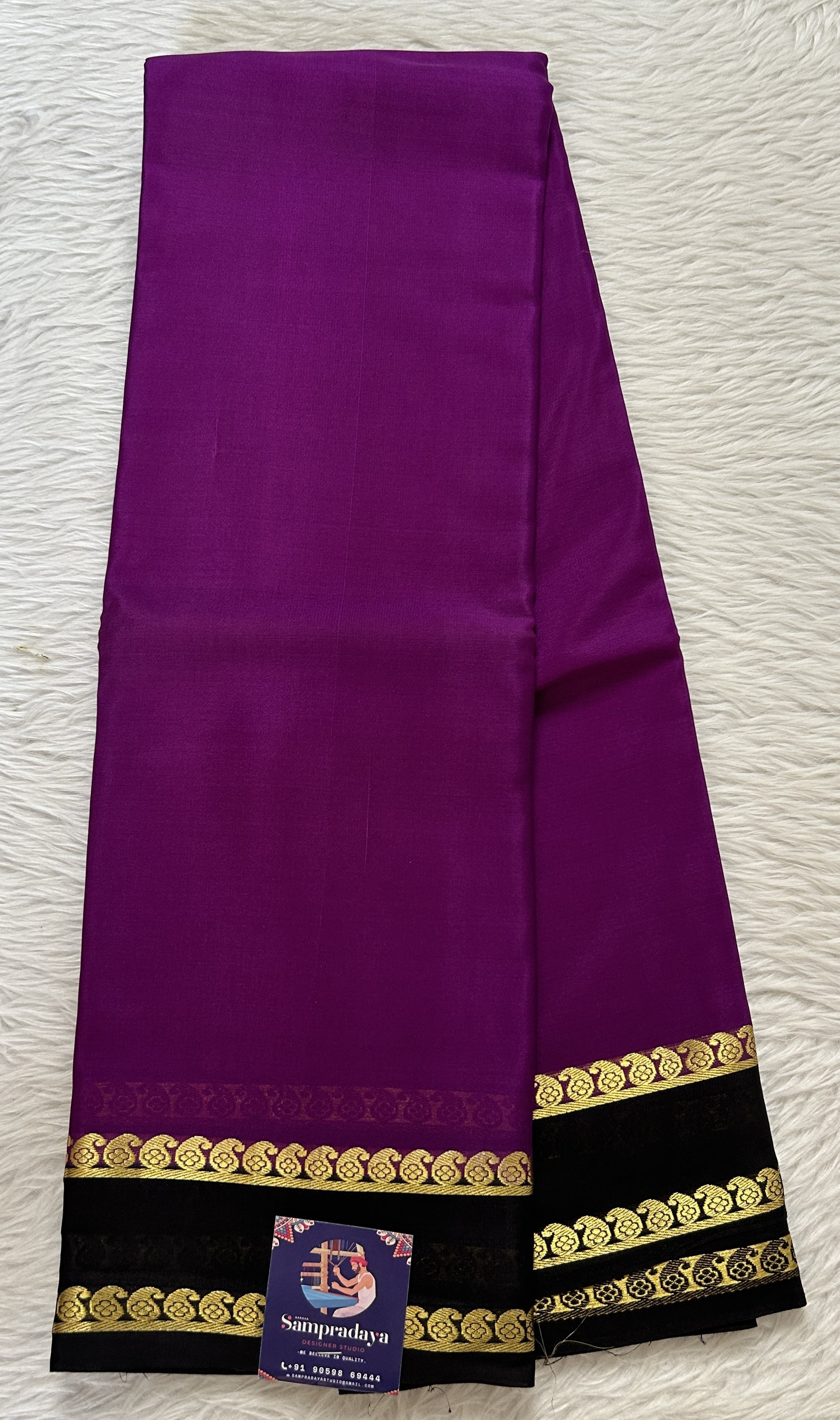 Mysore Crepe Silk Saree Purple Colored Complemented with a Black Zari Border. - Sampradaya Designer Studio