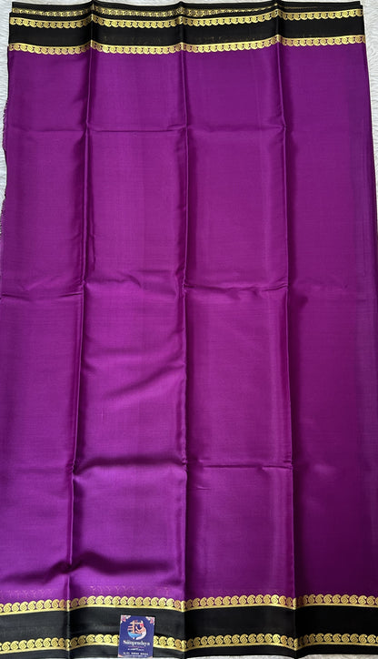 Mysore Crepe Silk Saree Purple Colored Complemented with a Black Zari Border. - Sampradaya Designer Studio