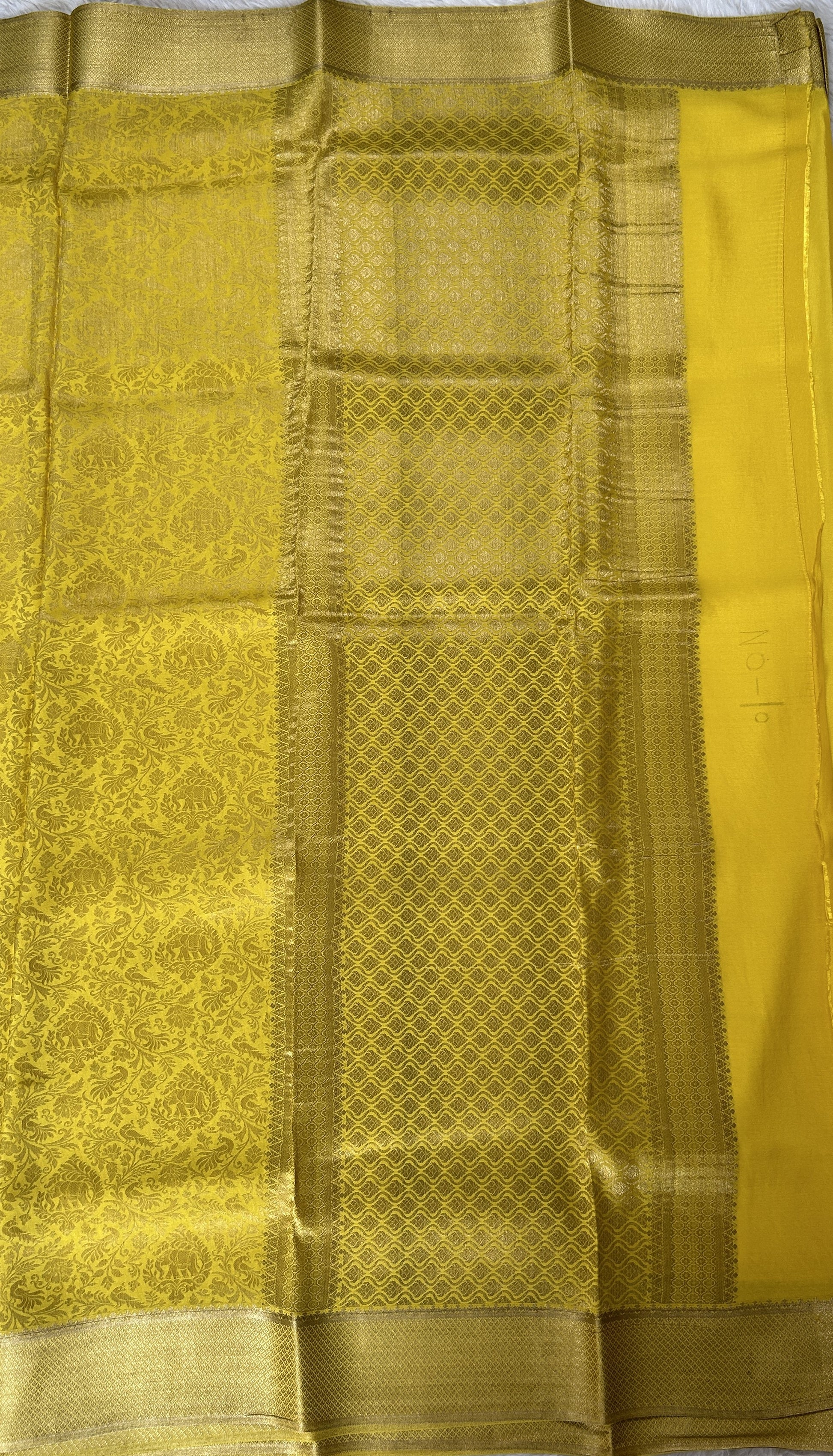 Mysore Crepe Silk Saree Yellow Colored Complemented with a Zari Border. - Sampradaya Designer Studio