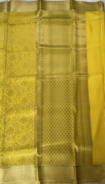 Mysore Crepe Silk Saree Yellow Colored Complemented with a Zari Border. - Sampradaya Designer Studio