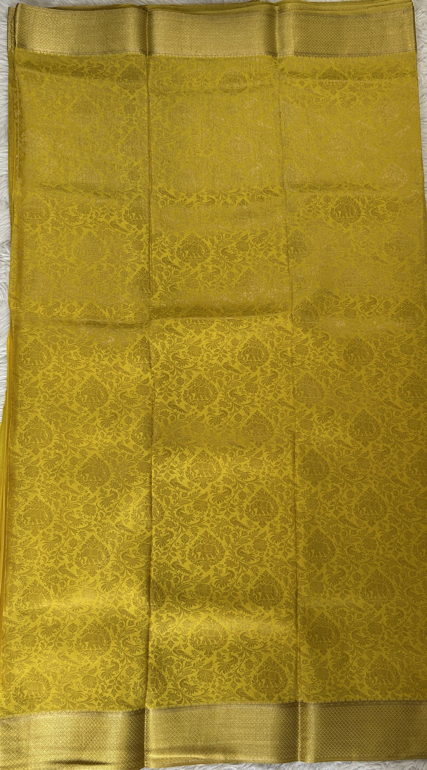 Mysore Crepe Silk Saree Yellow Colored Complemented with a Zari Border. - Sampradaya Designer Studio