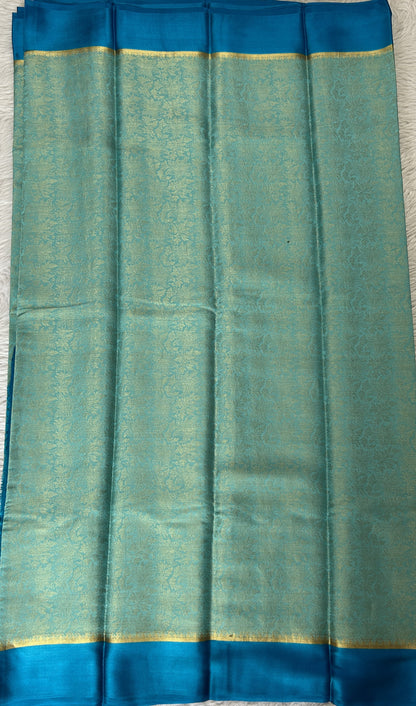 Mysore Crepe Silk Saree Sky Blue Colored Complemented with a Blue Zari Border. - Sampradaya Designer Studio