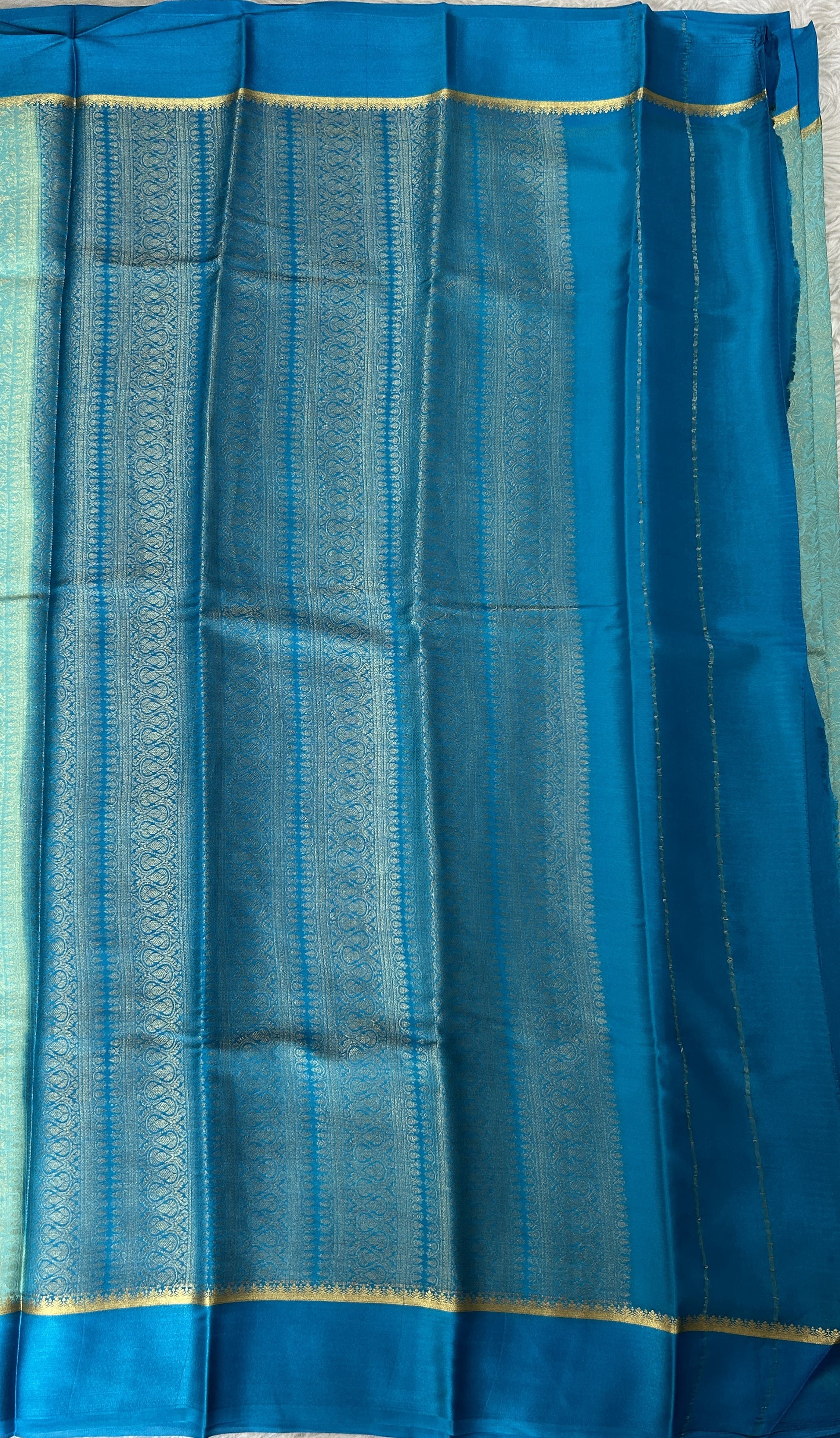 Mysore Crepe Silk Saree Sky Blue Colored Complemented with a Blue Zari Border. - Sampradaya Designer Studio