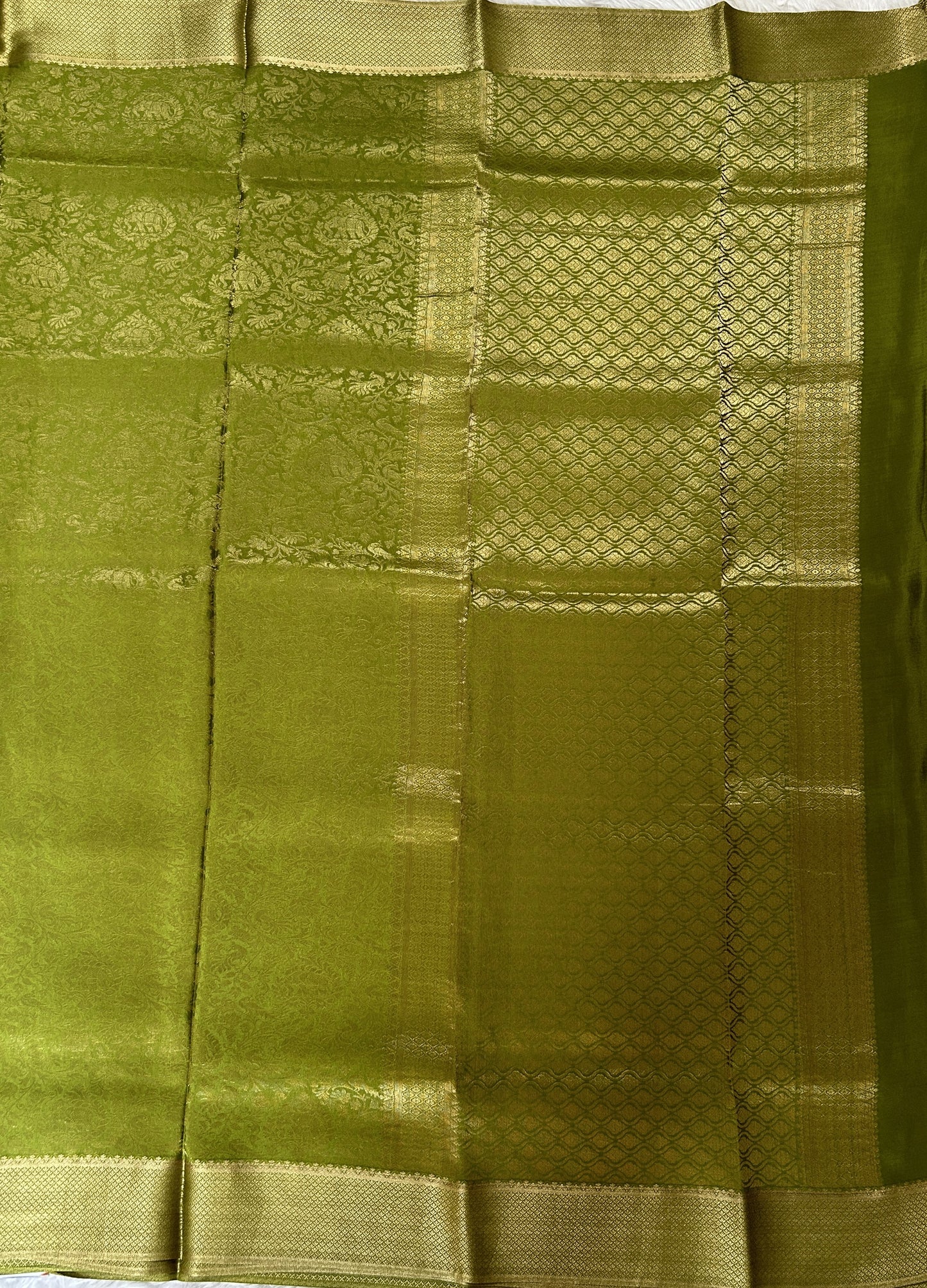 Mysore Crepe Silk Saree Green Colored Complemented with a Zari Border. - Sampradaya Designer Studio