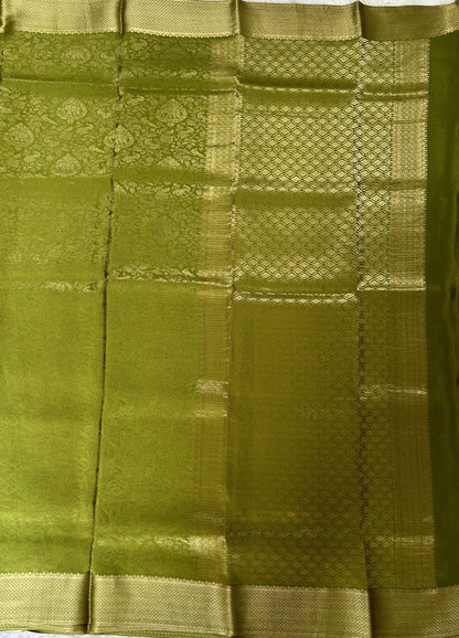 Mysore Crepe Silk Saree Green Colored Complemented with a Zari Border. - Sampradaya Designer Studio