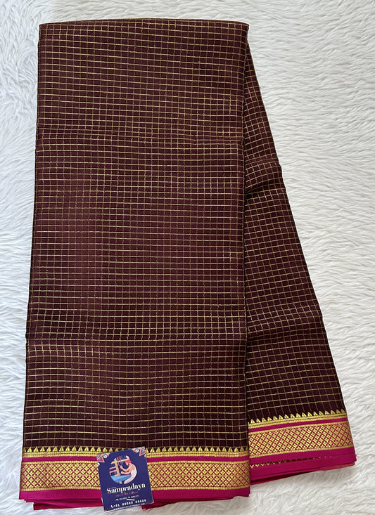 Mysore Crepe Silk Saree Brown Colored Complemented with a Pink Zari Border. - Sampradaya Designer Studio